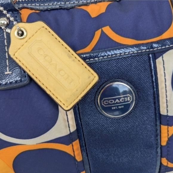 🍍Coach Signature Stripe Satchel Navy and Orange Shoulder Bag - Picture 9 of 11